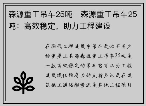 森源重工吊车25吨—森源重工吊车25吨：高效稳定，助力工程建设